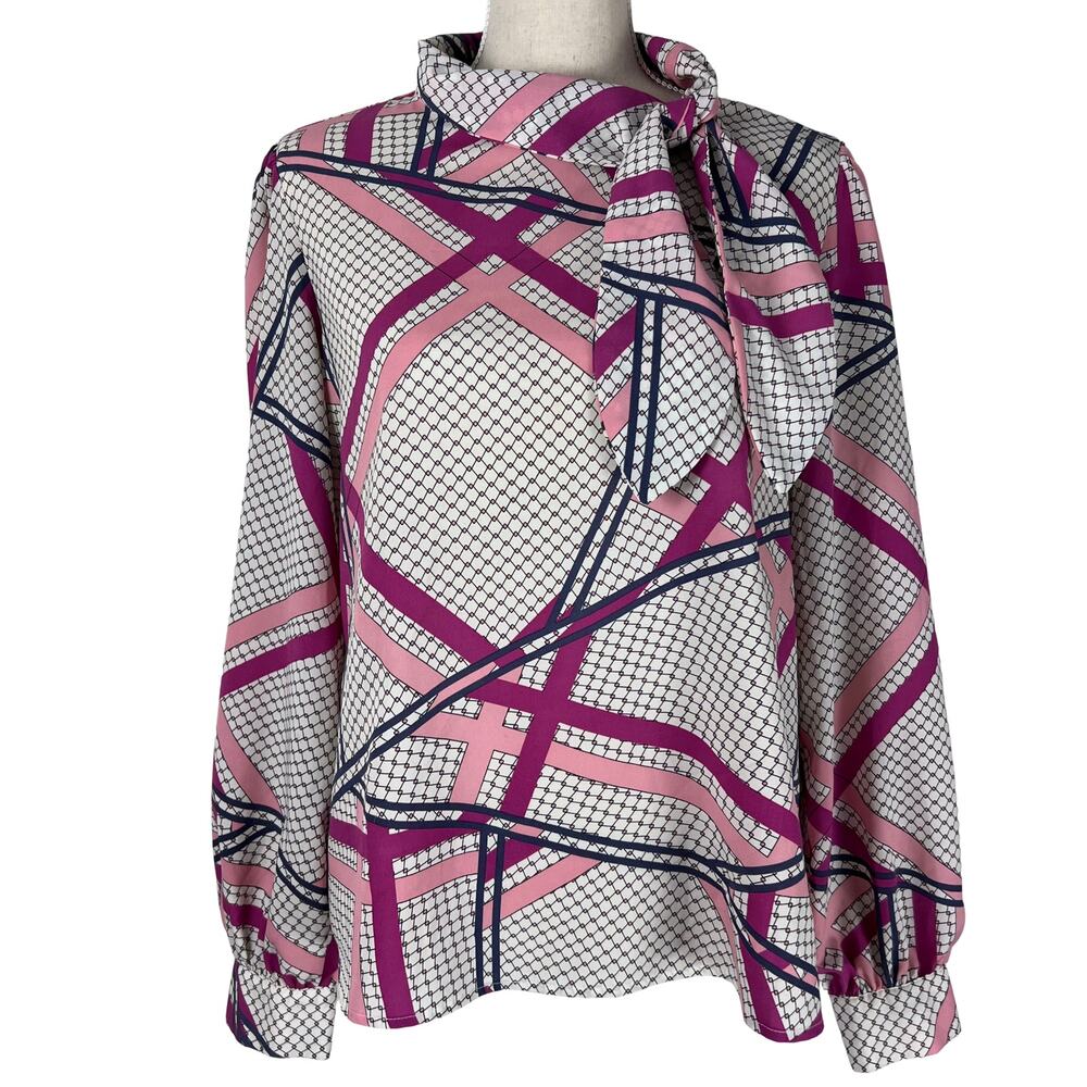 Hazel Haze Abstract Geometric Bow Tie Blouse Top Women’s Size M Pink Purple